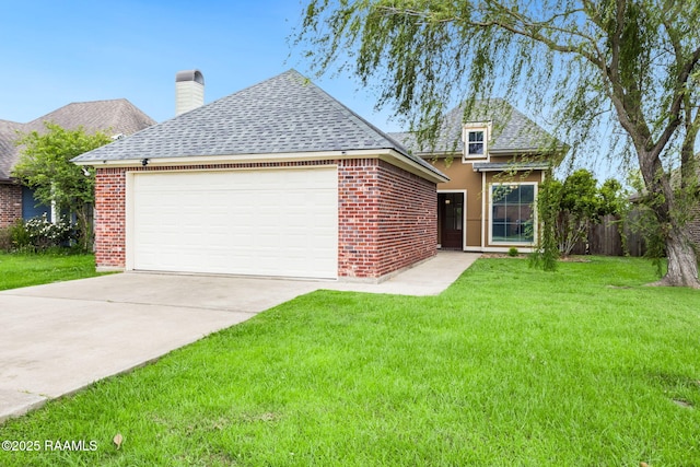 ranch-style house with a front yard, an attached garage, a chimney, and roof with shingles