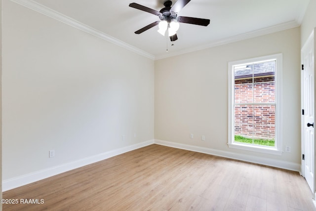 unfurnished room featuring light wood-style floors, ornamental molding, plenty of natural light, and ceiling fan