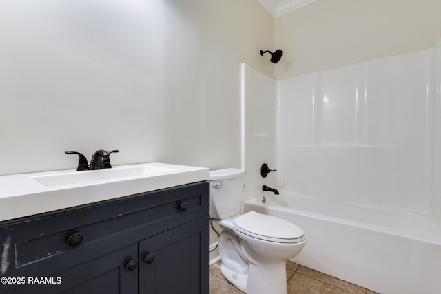 bathroom featuring crown molding, tile patterned flooring, vanity, toilet, and shower / bathtub combination