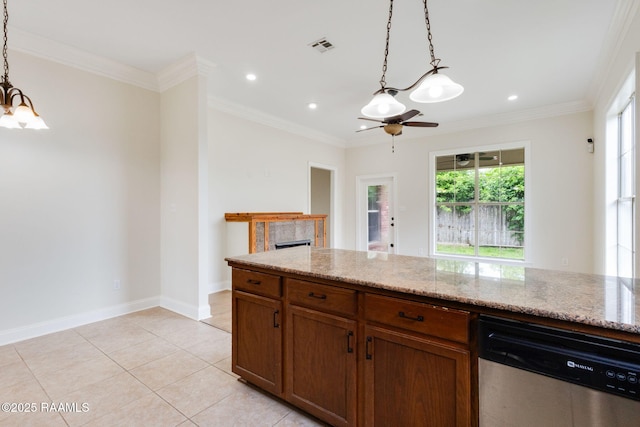 kitchen featuring an inviting chandelier, pendant lighting, light stone counters, and dishwasher