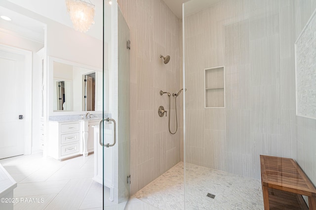104 Peaceful Hollow Ln, Lafayette, LA 70508 - full bathroom featuring vanity, tile patterned flooring, and a shower stall