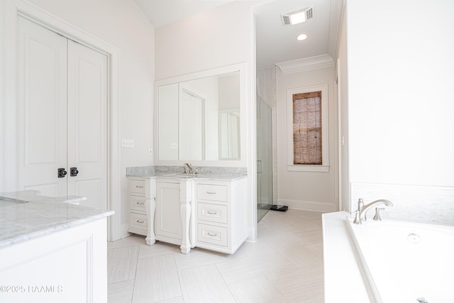104 Peaceful Hollow Ln, Lafayette, LA 70508 - full bath with vanity, ornamental molding, visible vents, baseboards, and a bath