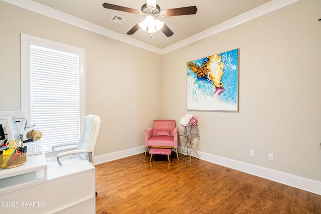 104 Peaceful Hollow Ln, Lafayette, LA 70508 - office area featuring crown molding, ceiling fan, baseboards, and wood finished floors