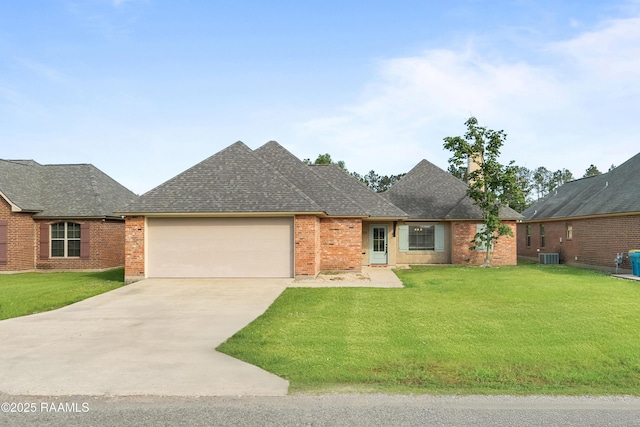 1115 Jules Broussard Rd, Breaux Bridge, LA 70517 - ranch-style home featuring a shingled roof, a front lawn, a garage, cooling unit, and driveway