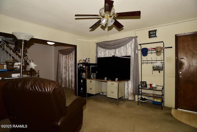 118 Fraternity Dr, Lafayette, LA 70506 - carpeted living area featuring a ceiling fan and a textured ceiling