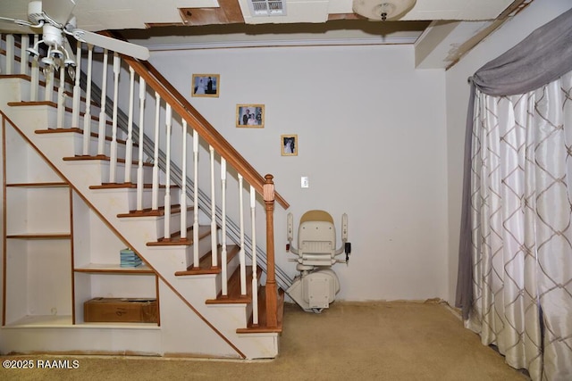 118 Fraternity Dr, Lafayette, LA 70506 - staircase with visible vents, a ceiling fan, and carpet