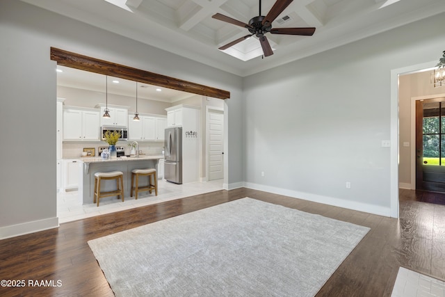 147 Heathwood Dr, Broussard, LA 70518 - living room with ornamental molding, beamed ceiling, ceiling fan, recessed lighting, and coffered ceiling