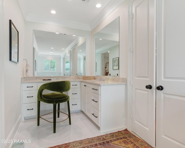 1022 Roselawn Dr, Lafayette, LA 70503 - bathroom with visible vents, baseboards, vanity, ornamental molding, and recessed lighting