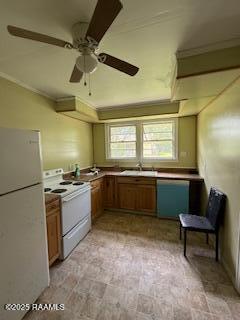 kitchen with white appliances, ceiling fan, brown cabinetry, and ornamental molding