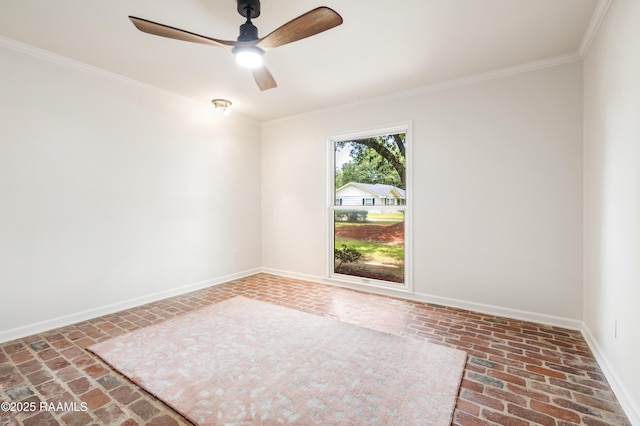 201 W Eleanor St, Opelousas, LA 70570 - empty room featuring brick flooring, ornamental molding, and a ceiling fan