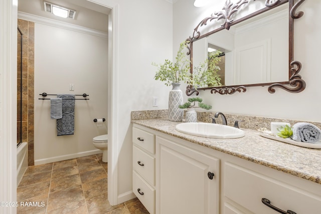 201 W Eleanor St, Opelousas, LA 70570 - bathroom with vanity, stone finish flooring, combined bath / shower with glass door, and ornamental molding