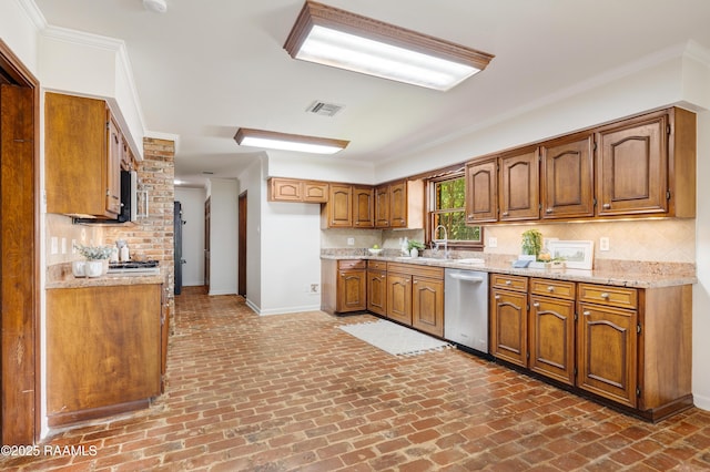 201 W Eleanor St, Opelousas, LA 70570 - kitchen with dishwasher, brick flooring, brown cabinetry, decorative backsplash, and crown molding