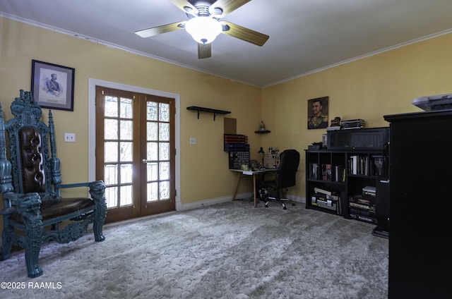 211 Ursuline St, Lafayette, LA 70506 - carpeted office space featuring french doors, ornamental molding, and a ceiling fan