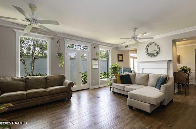 211 Ursuline St, Lafayette, LA 70506 - living area featuring a ceiling fan, crown molding, and dark wood finished floors