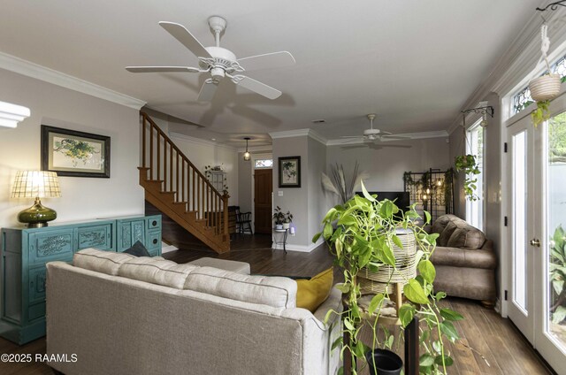 211 Ursuline St, Lafayette, LA 70506 - living room with wood finished floors, ceiling fan, stairs, and ornamental molding