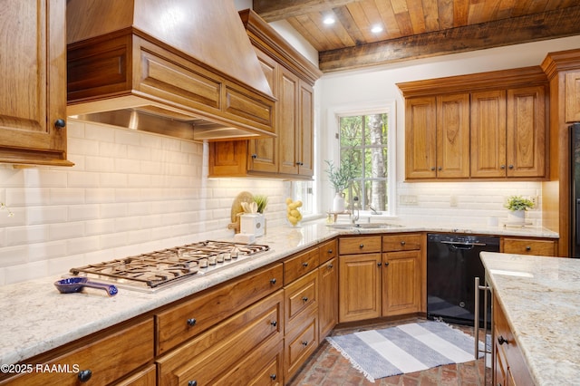 110 Interlaken Dr, New Iberia, LA 70563 - kitchen with dishwasher, custom range hood, stainless steel gas stovetop, brick patterned floors, and tasteful backsplash
