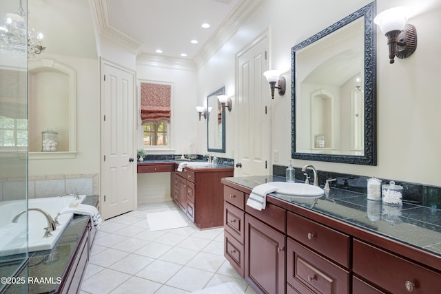 110 Interlaken Dr, New Iberia, LA 70563 - bathroom featuring ornamental molding, tile patterned floors, two vanities, a garden tub, and recessed lighting