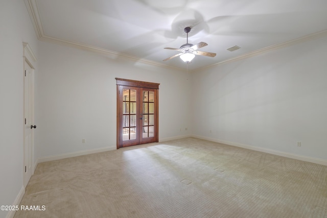 110 Interlaken Dr, New Iberia, LA 70563 - empty room featuring french doors, ornamental molding, light colored carpet, ceiling fan, and baseboards