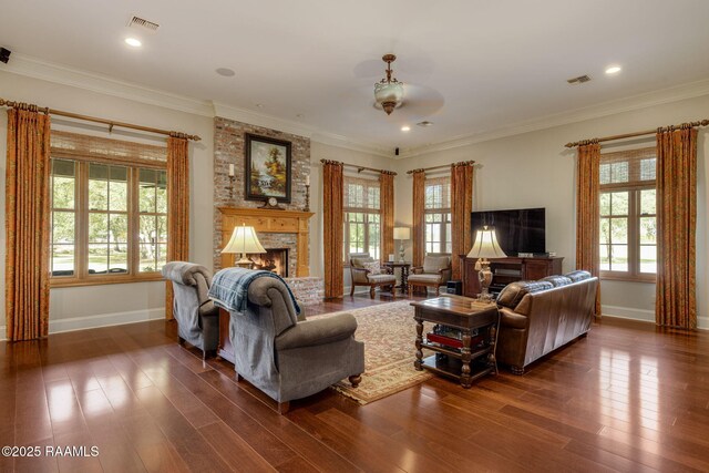 living room featuring baseboards, a fireplace, and dark wood-type flooring