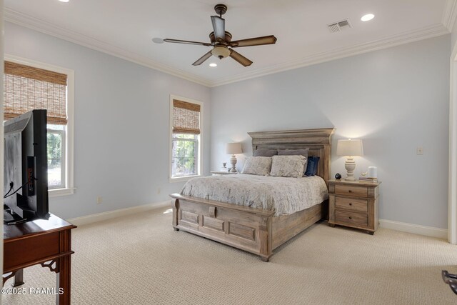 bedroom featuring recessed lighting, baseboards, visible vents, and light carpet