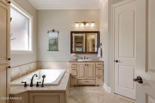full bathroom featuring vanity, tile patterned floors, crown molding, and a bath