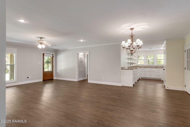 unfurnished living room featuring recessed lighting, baseboards, and dark wood-style floors