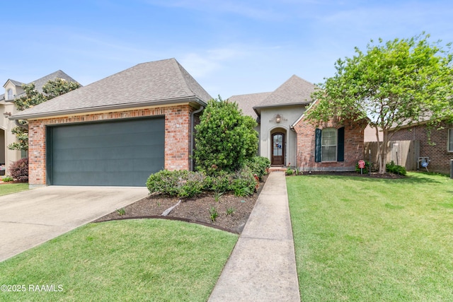 view of front of home featuring a garage, a front lawn, brick siding, a shingled roof, and concrete driveway