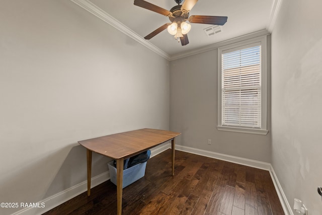 interior space featuring visible vents, crown molding, hardwood / wood-style floors, baseboards, and ceiling fan