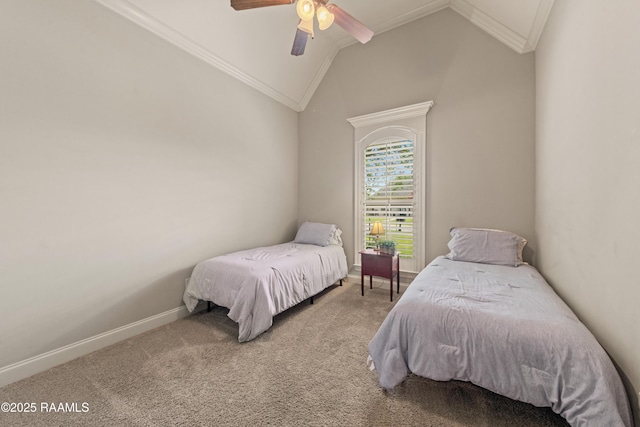 bedroom with carpet flooring, ceiling fan, ornamental molding, and lofted ceiling