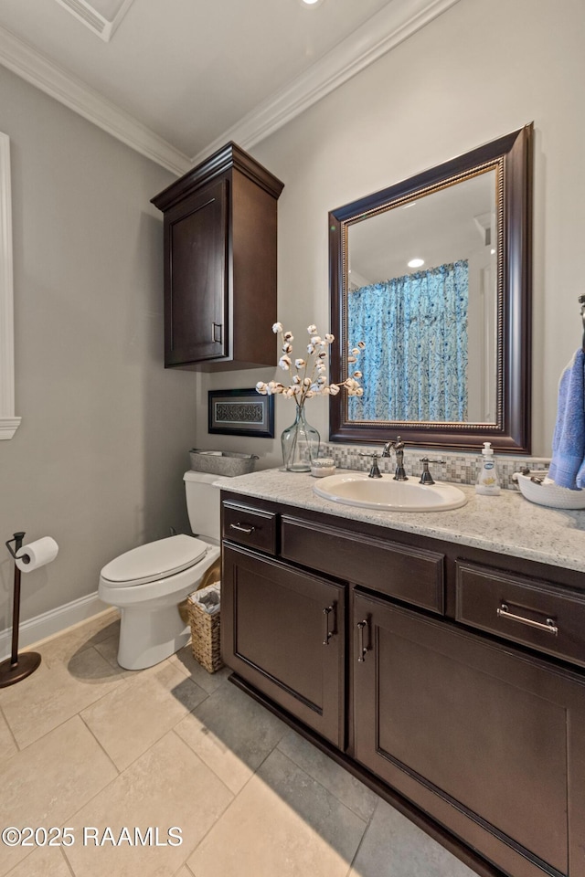 full bath with crown molding, toilet, tile patterned flooring, and vanity