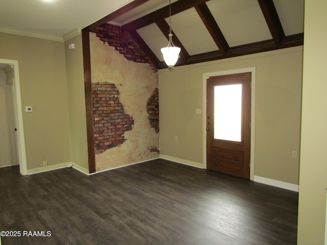 foyer entrance with dark wood-style flooring, baseboards, and vaulted ceiling with beams