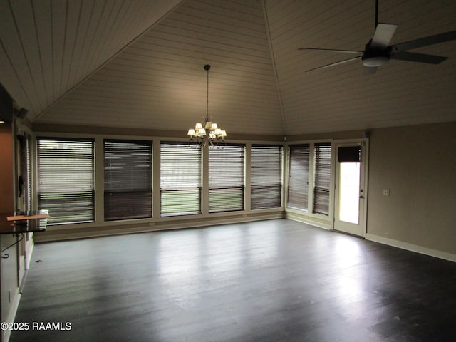 empty room featuring baseboards, ceiling fan with notable chandelier, wood finished floors, and high vaulted ceiling