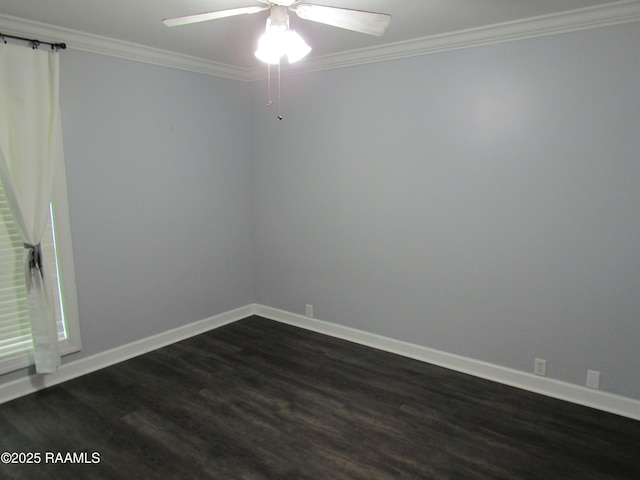 empty room with a ceiling fan, baseboards, dark wood finished floors, and ornamental molding