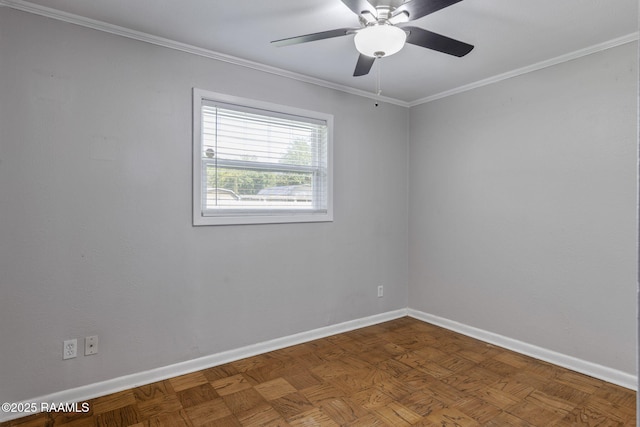 unfurnished room featuring baseboards, ornamental molding, and ceiling fan