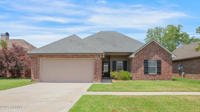 ranch-style house with concrete driveway, brick siding, an attached garage, and roof with shingles