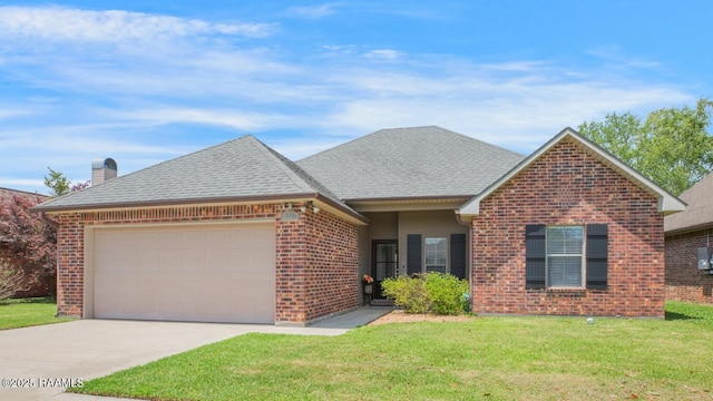 ranch-style home with driveway, roof with shingles, brick siding, a front lawn, and an attached garage