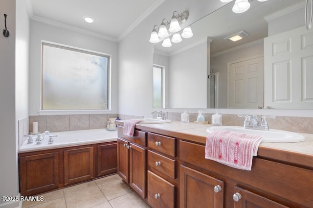 bathroom featuring a sink, tile patterned flooring, double vanity, and crown molding