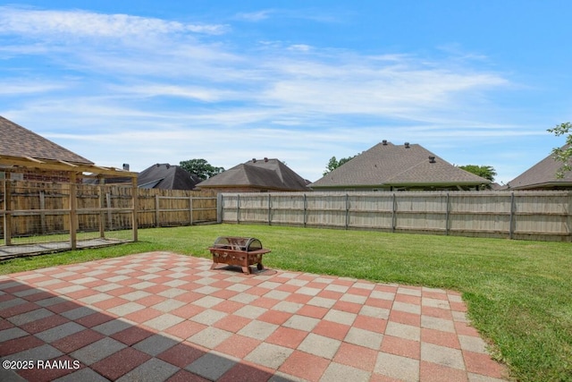 view of patio featuring a fenced backyard and a fire pit