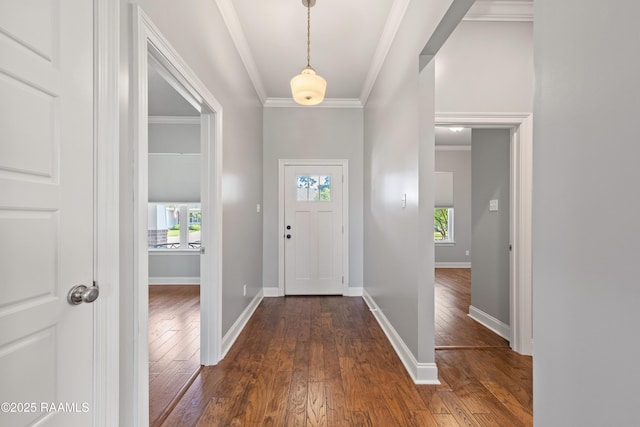 foyer entrance with dark wood finished floors, crown molding, and baseboards