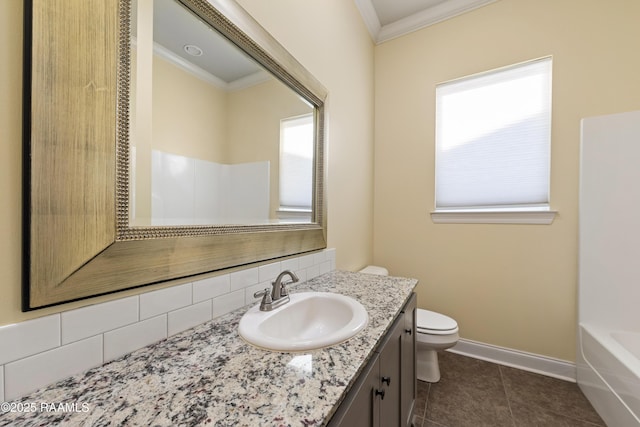 full bathroom with crown molding, toilet, healthy amount of natural light, vanity, and tile patterned flooring