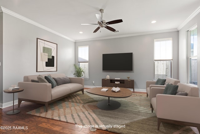 living area with baseboards, wood finished floors, ceiling fan, crown molding, and recessed lighting