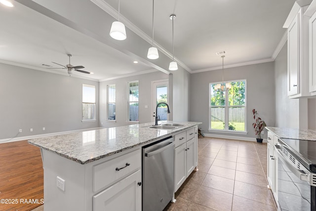 kitchen with dishwasher, a sink, range with electric stovetop, baseboards, and crown molding
