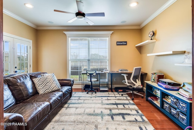 110 Beringer Dr, Duson, LA 70529 - home office featuring a ceiling fan, ornamental molding, french doors, and wood finished floors