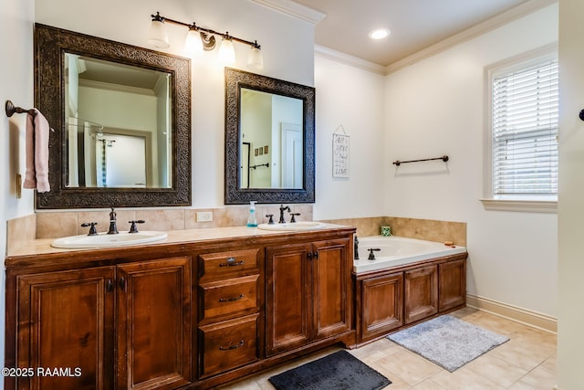 110 Beringer Dr, Duson, LA 70529 - full bath featuring tile patterned flooring, ornamental molding, a sink, and a garden tub