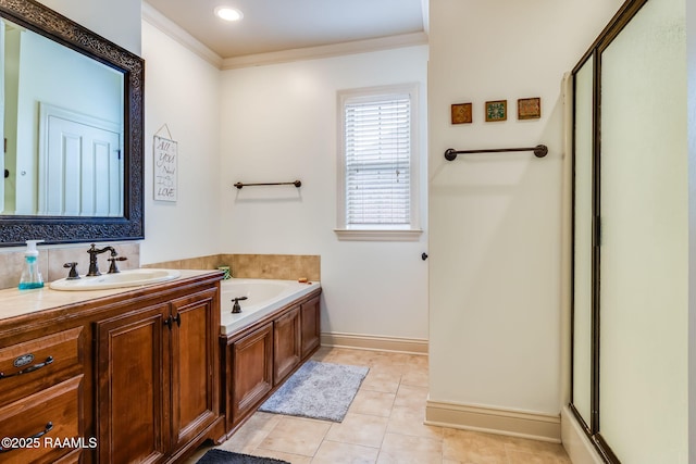 110 Beringer Dr, Duson, LA 70529 - full bathroom featuring a garden tub, a shower with shower door, baseboards, tile patterned floors, and ornamental molding