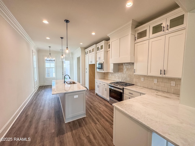 kitchen featuring crown molding, a sink, dark wood finished floors, and appliances with stainless steel finishes