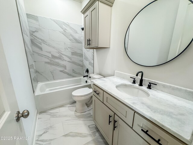 bathroom with toilet, shower / tub combination, marble finish floor, and vanity