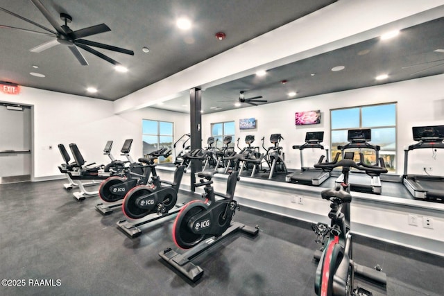workout area featuring a ceiling fan and recessed lighting