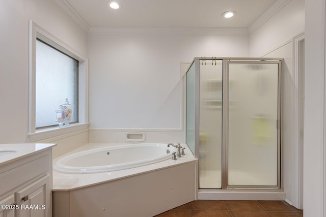 6 Oak Pl, New Iberia, LA 70563 - full bathroom featuring a garden tub, crown molding, tile patterned flooring, a stall shower, and vanity
