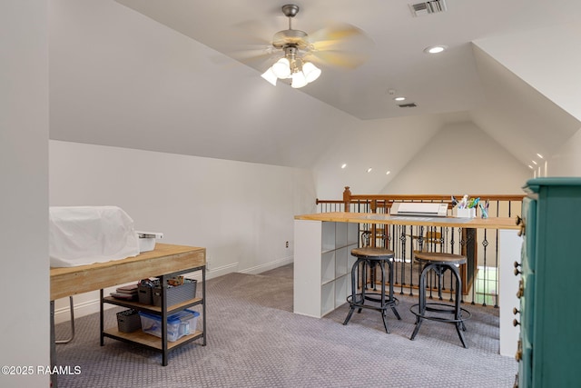 6 Oak Pl, New Iberia, LA 70563 - interior space with carpet floors, a ceiling fan, lofted ceiling, and visible vents
